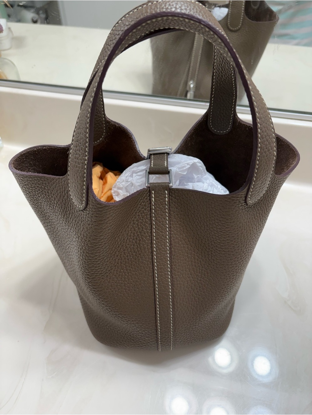 Classic Brown/gray 100% genuine Leather Tote Handbag